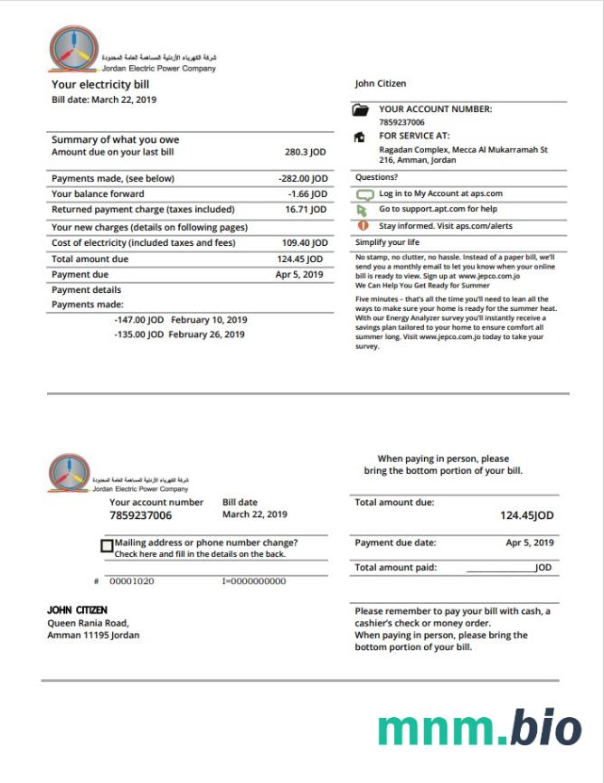 Jordan Jordanian Electric Power Co Jepco szablon rachunku za energię elektryczną w formacie Word i PDF